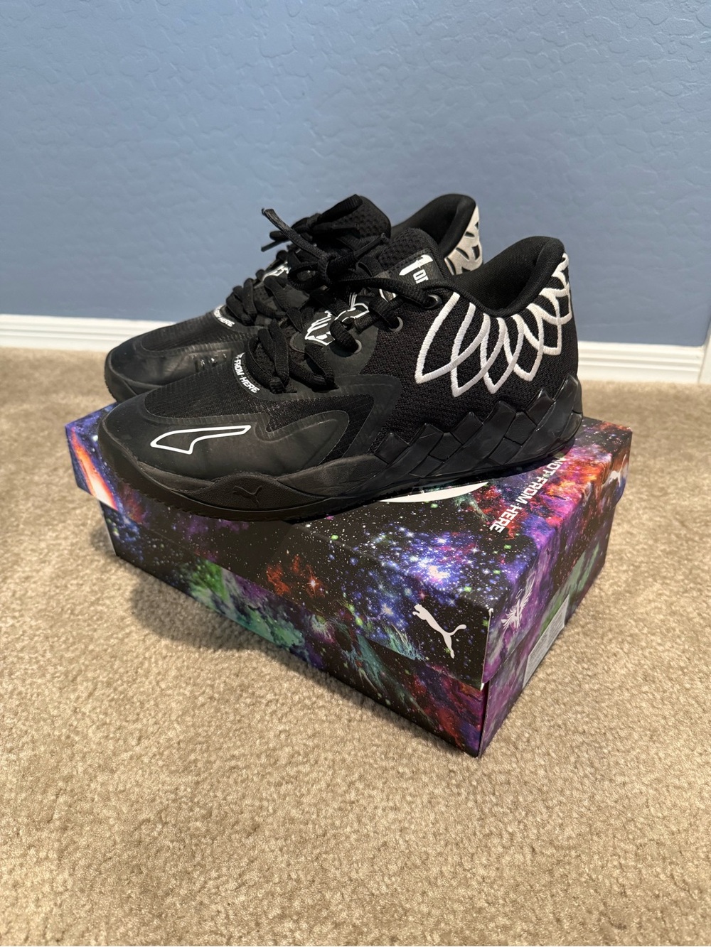 Puma Melo 1 Lo Black Sneakers with White Graphic Accents, Size 9.5